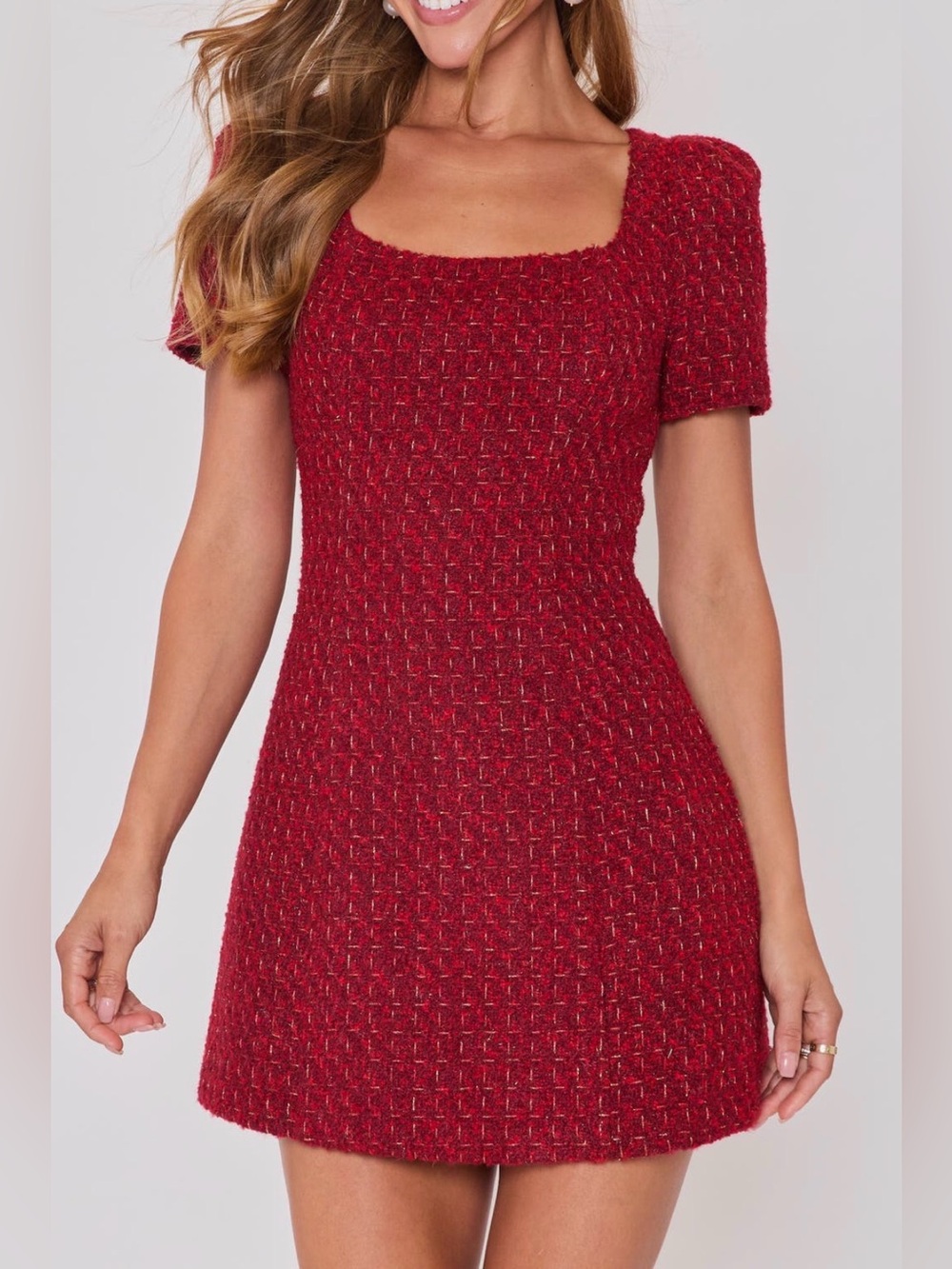 VICI Blair Tweed Mini Dress Red Burgundy Gold Square Neck Small